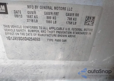 2013 Chevrolet Sonic Ls Auto z USA, uszkodzony, nr VIN 1G1JA5SG6D4254893